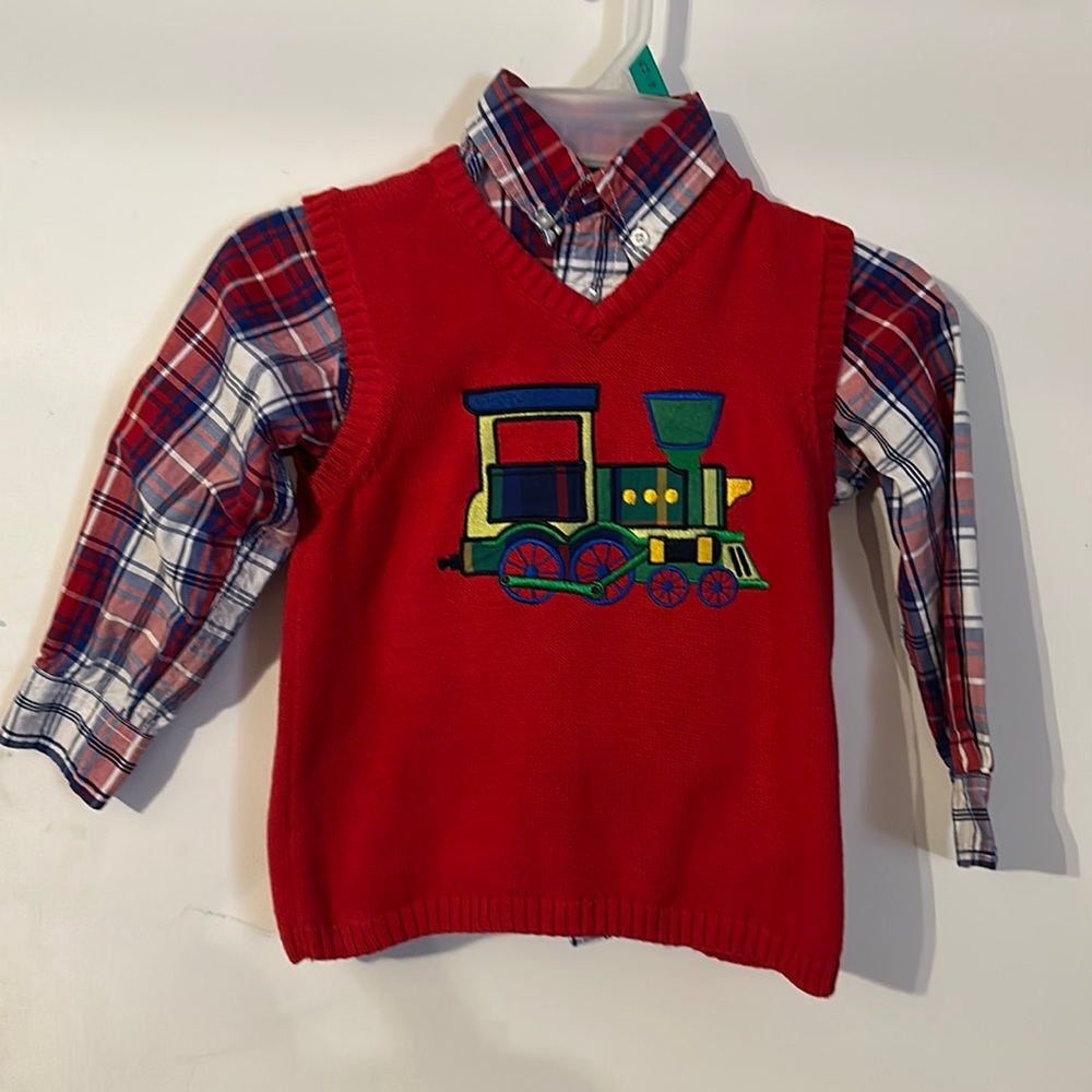 JK boys Christmas train sweater vest and button up long sleeve set.